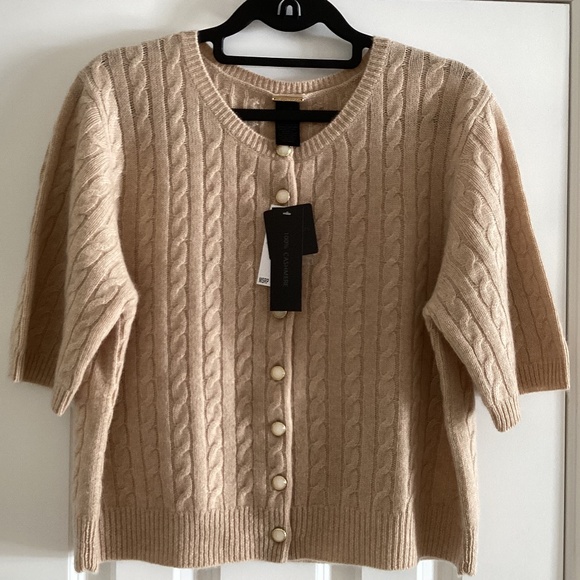 Magaschoni Sweaters - MAGASCHONI Beige 100% Cashmere Cable Knit Button Front Cardigan Sweater Top